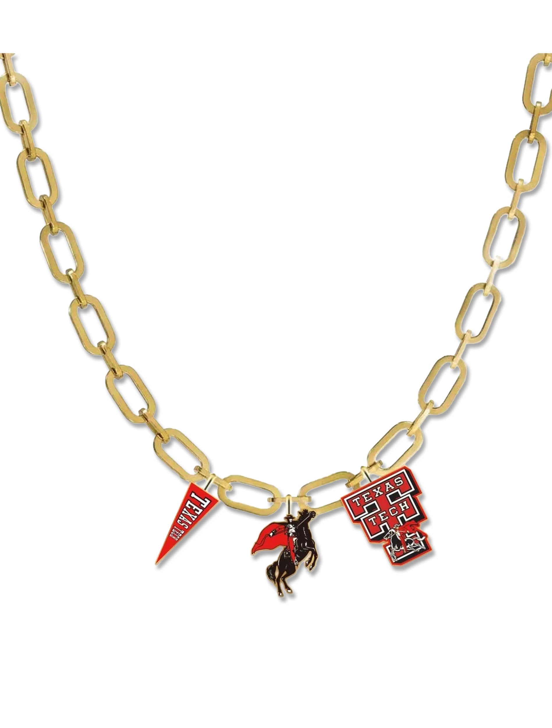Gold paperclip chain necklace with three Texas Tech enamel charms: a red pennant, the Masked Rider on a rearing horse, and a vintage Double T
