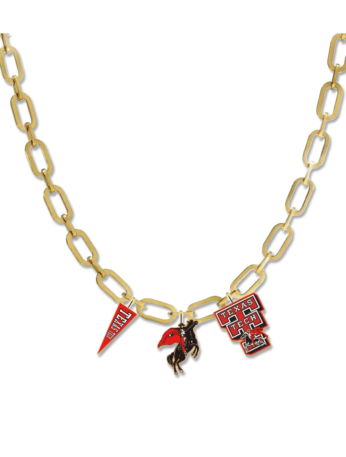 Gold paperclip chain necklace with three Texas Tech enamel charms: a red pennant, the Masked Rider on a rearing horse, and a vintage Double T