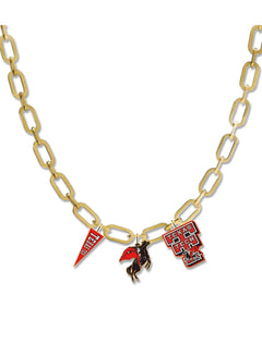 Gold paperclip chain necklace with three Texas Tech enamel charms: a red pennant, the Masked Rider on a rearing horse, and a vintage Double T