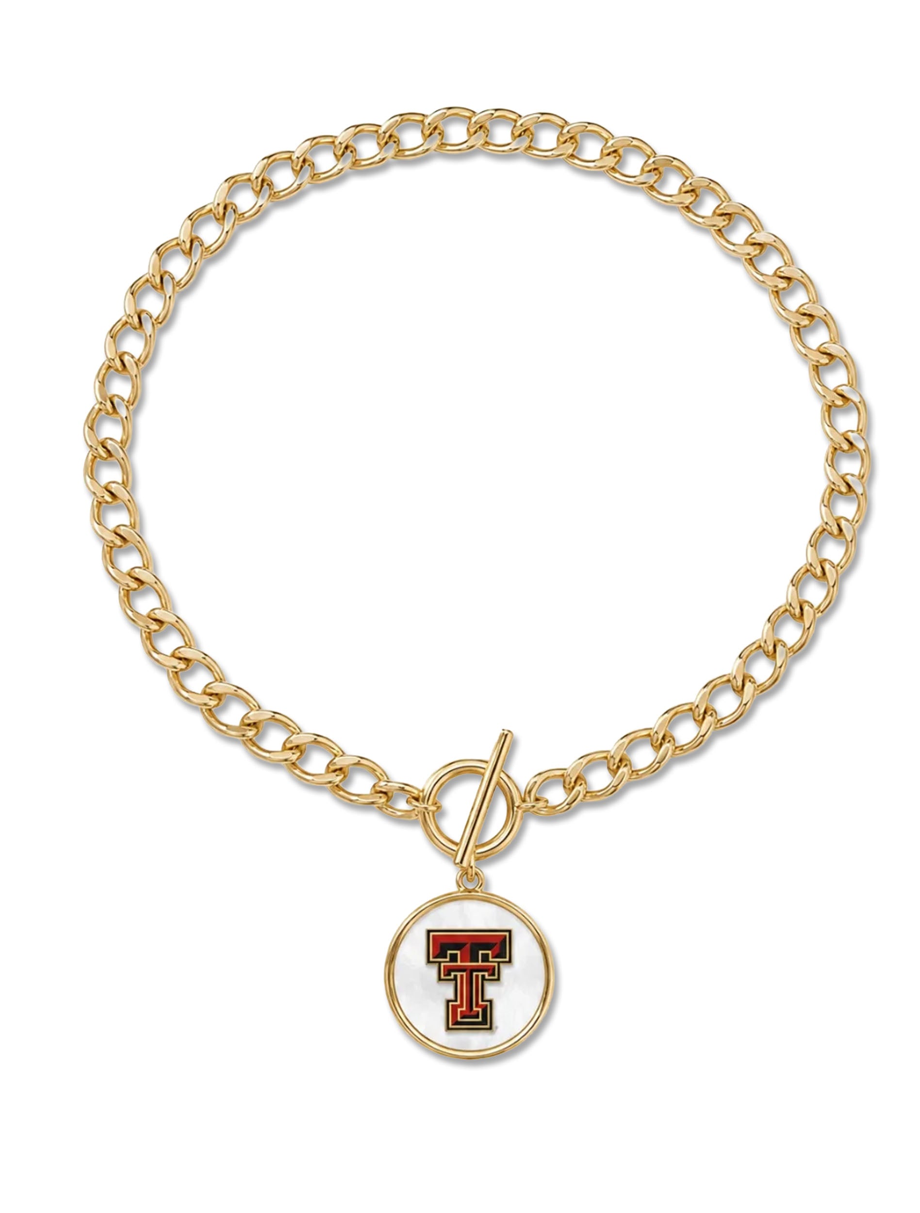 Gold curb chain Texas Tech necklace with a front toggle clasp and a round cream enamel medallion carrying the red and black Double T