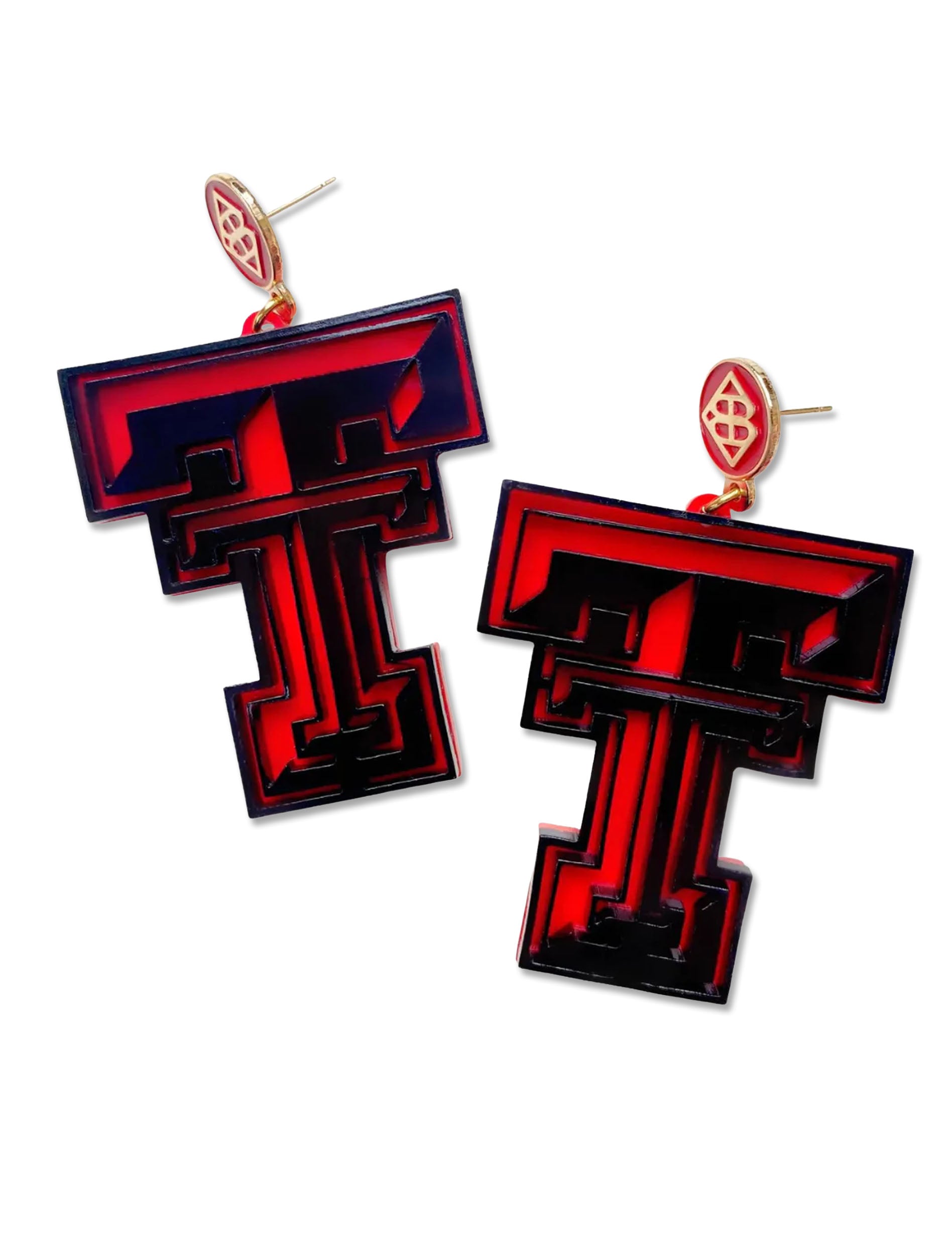 Pair of layered acrylic Texas Tech Double T dangle earrings in black over red, hanging from gold plated posts stamped with the Brianna Cannon monogram