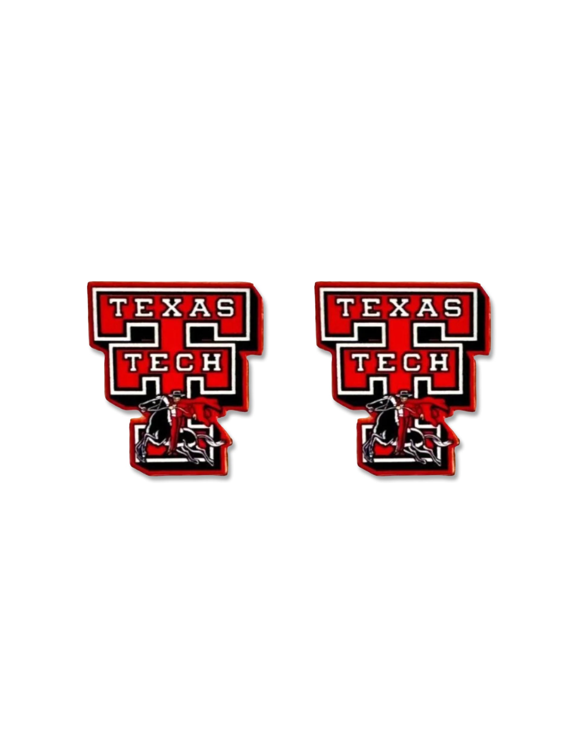 Pair of Texas Tech vault Double T stud earrings in red, black, and white enamel, with “Texas Tech” lettered inside the mark and the Masked Rider below