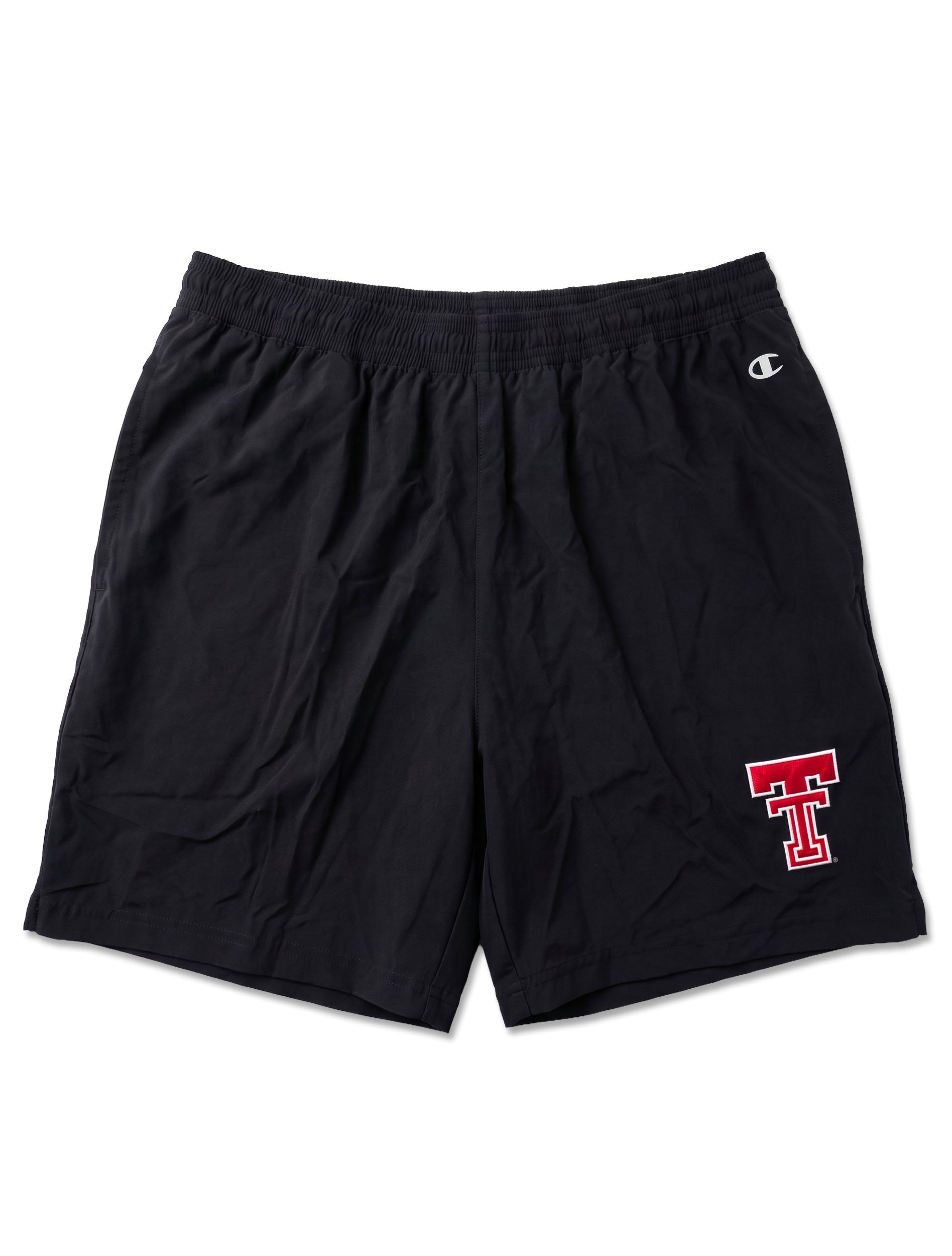 Champion Texas Tech black woven shorts with a red Double T on the leg and the Champion C at the waist