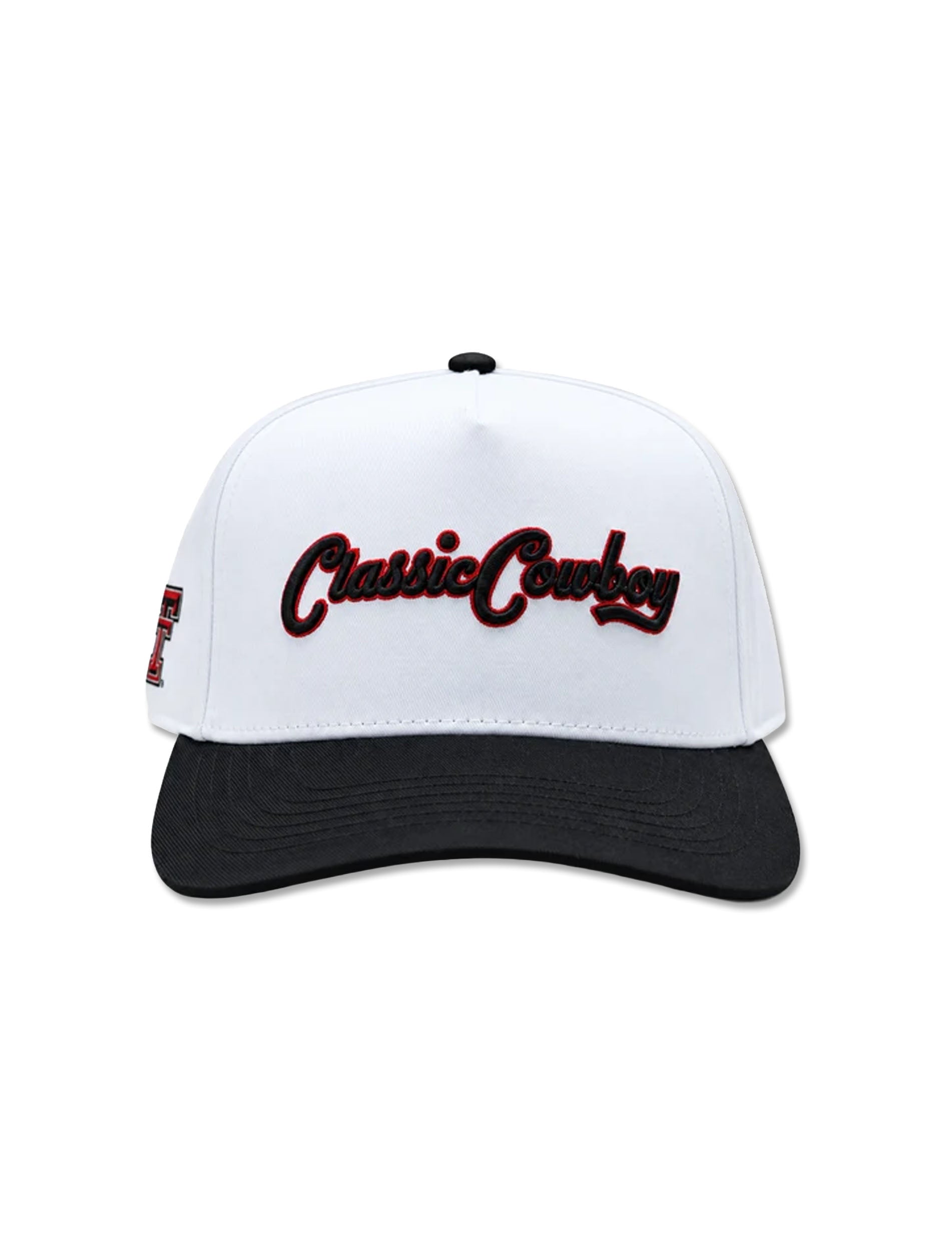 Front of the white cap with a black brim and Classic Cowboy embroidered in black script with red detailing