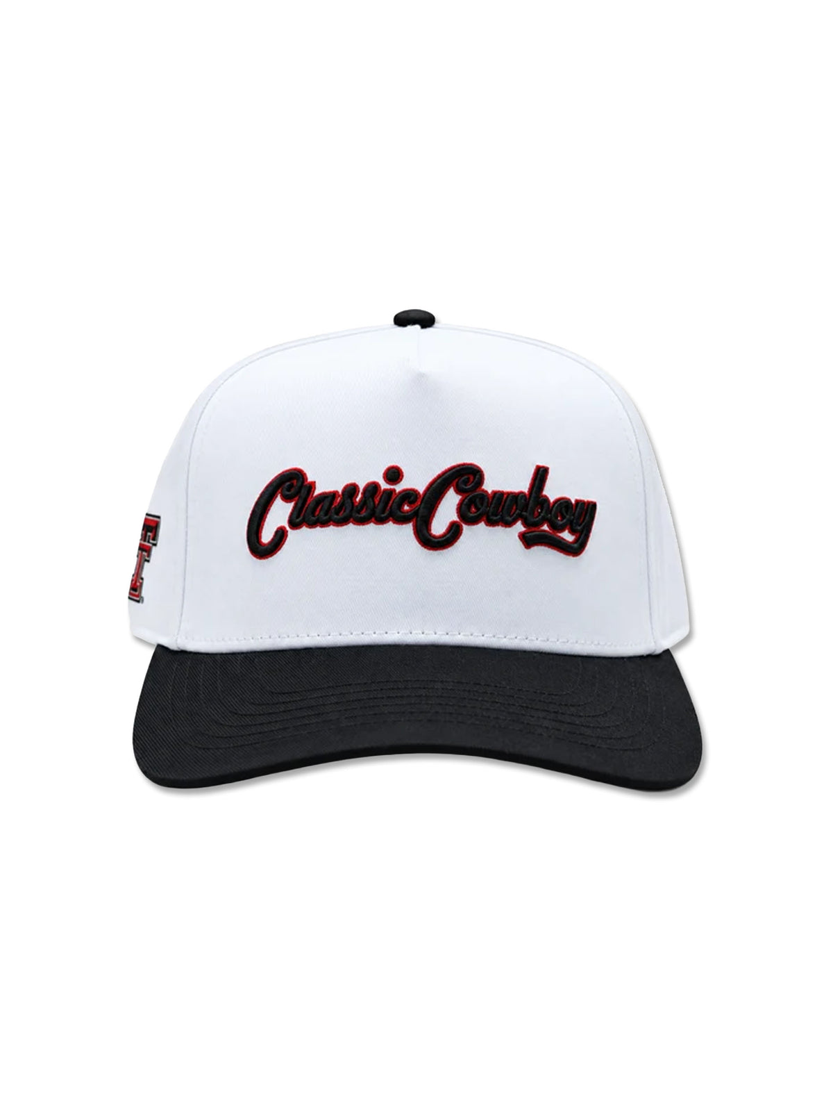 Front of the white cap with a black brim and Classic Cowboy embroidered in black script with red detailing