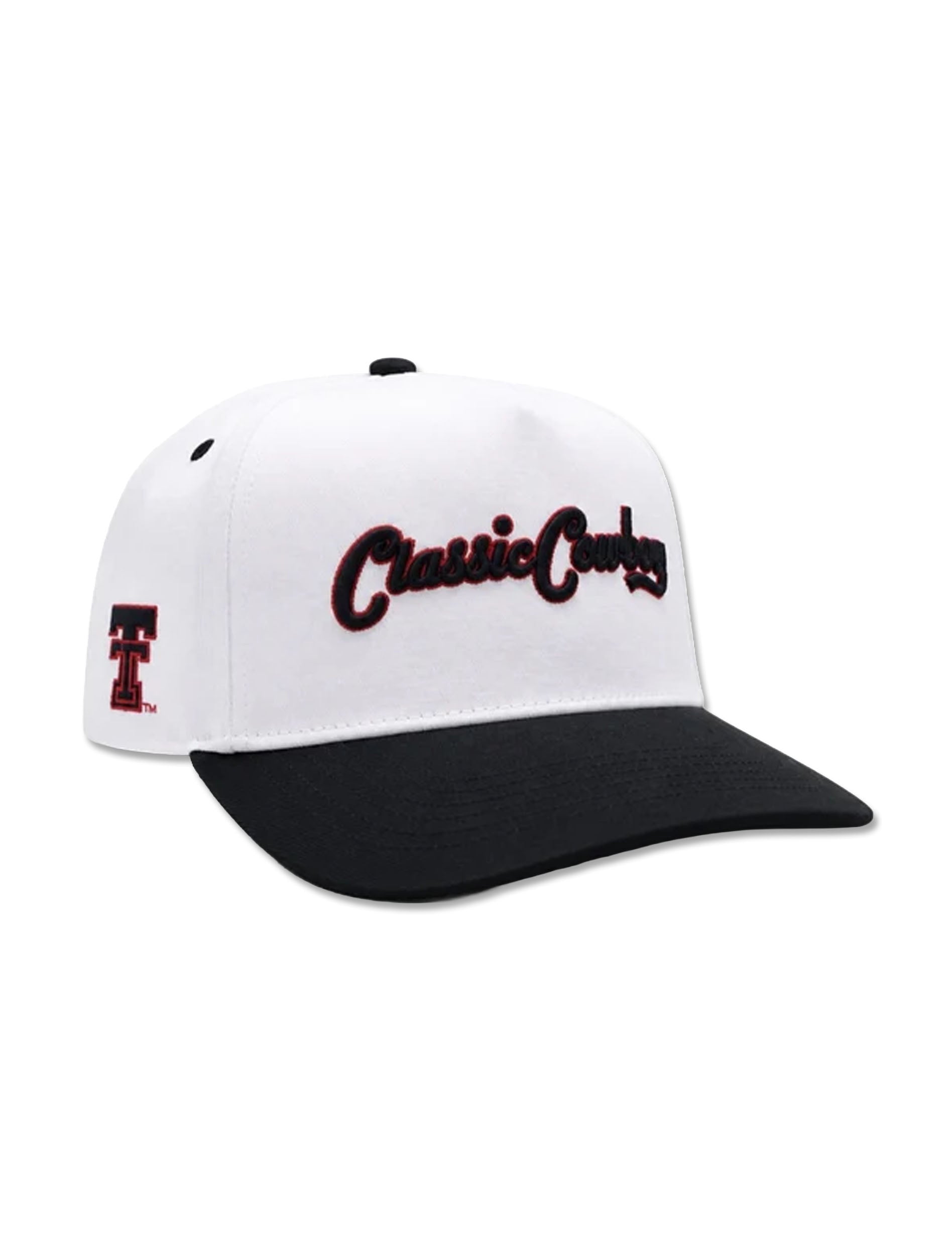 White Texas Tech cap with a black brim at an angle, Classic Cowboy embroidered in black script with red detailing