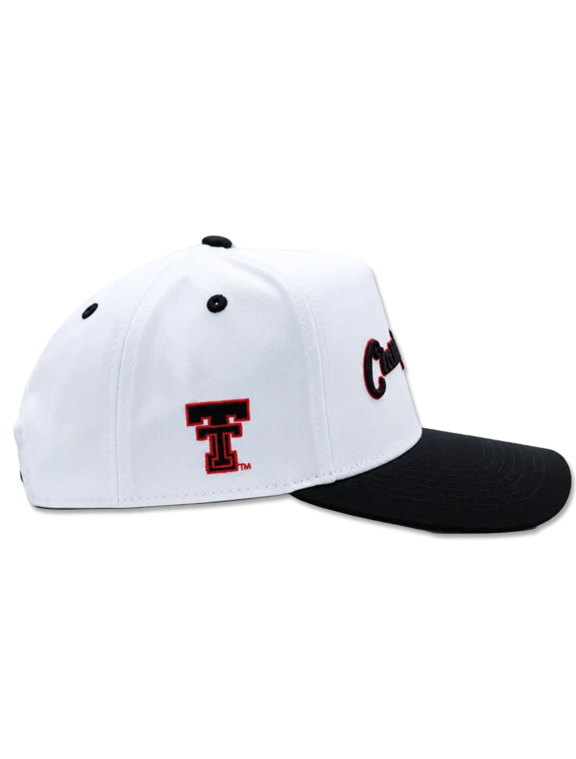 Side of the white cap showing the Texas Tech Double T embroidered in red and black