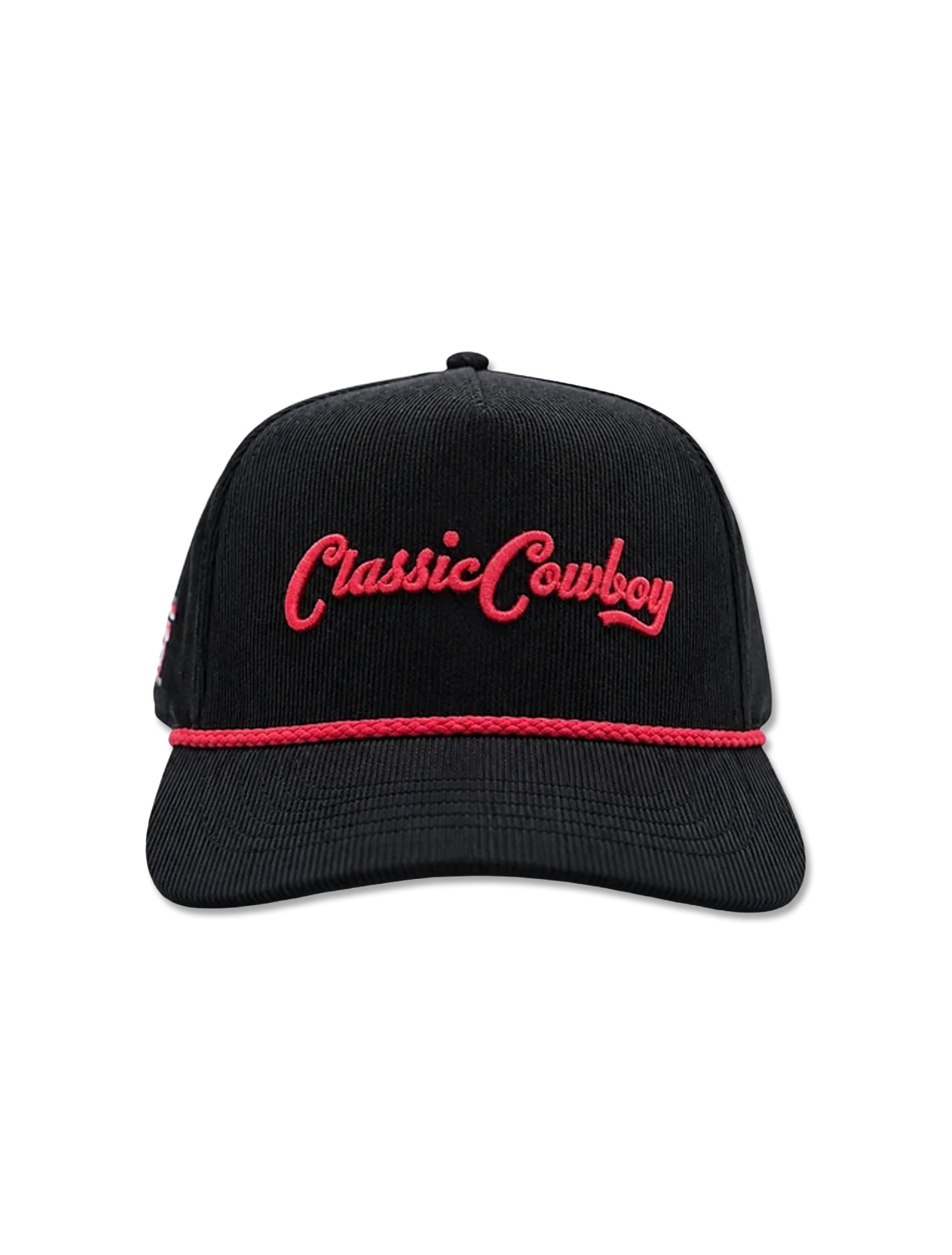Front of the black corduroy cap with Classic Cowboy embroidered in red script above the red rope