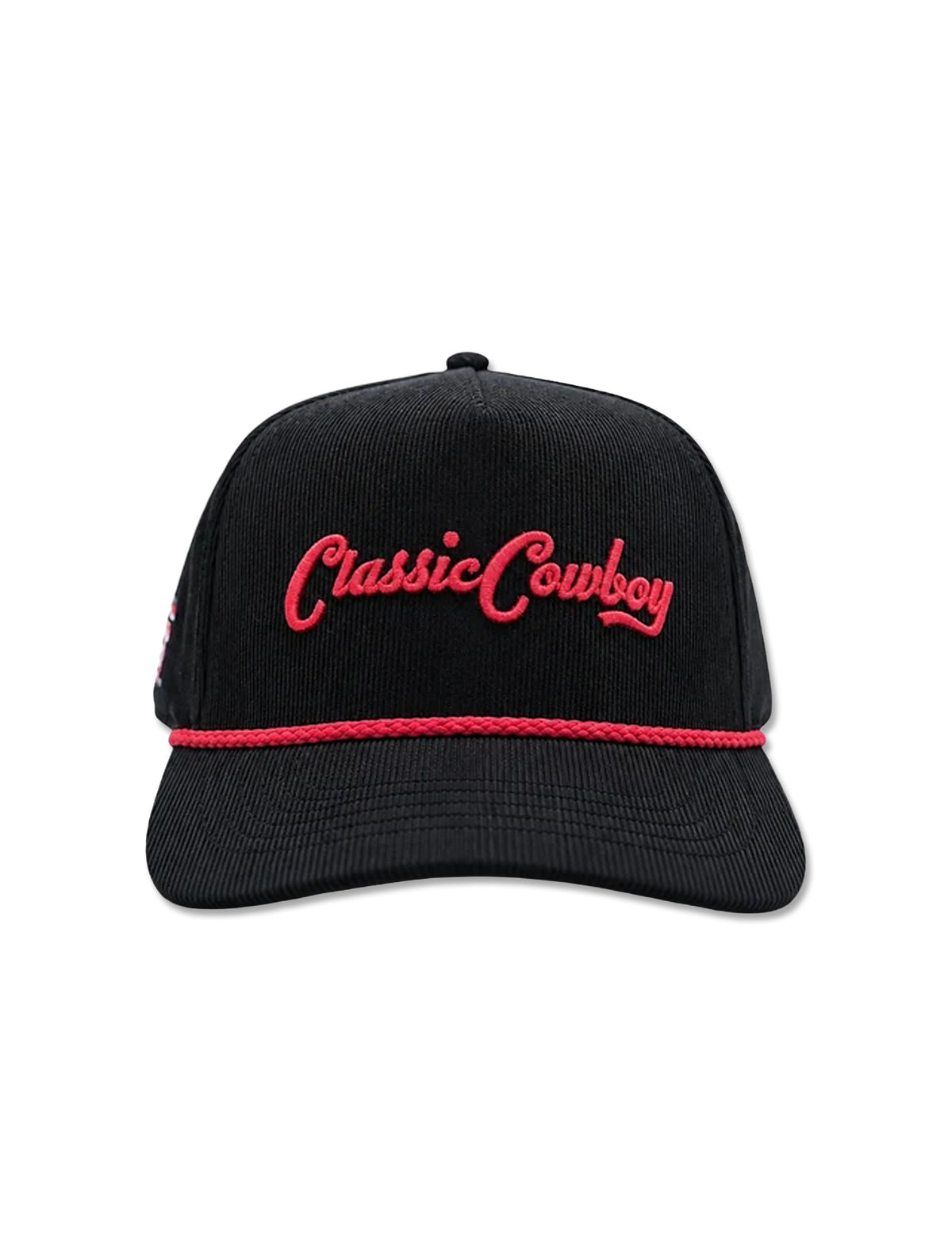 Front of the black corduroy cap with Classic Cowboy embroidered in red script above the red rope