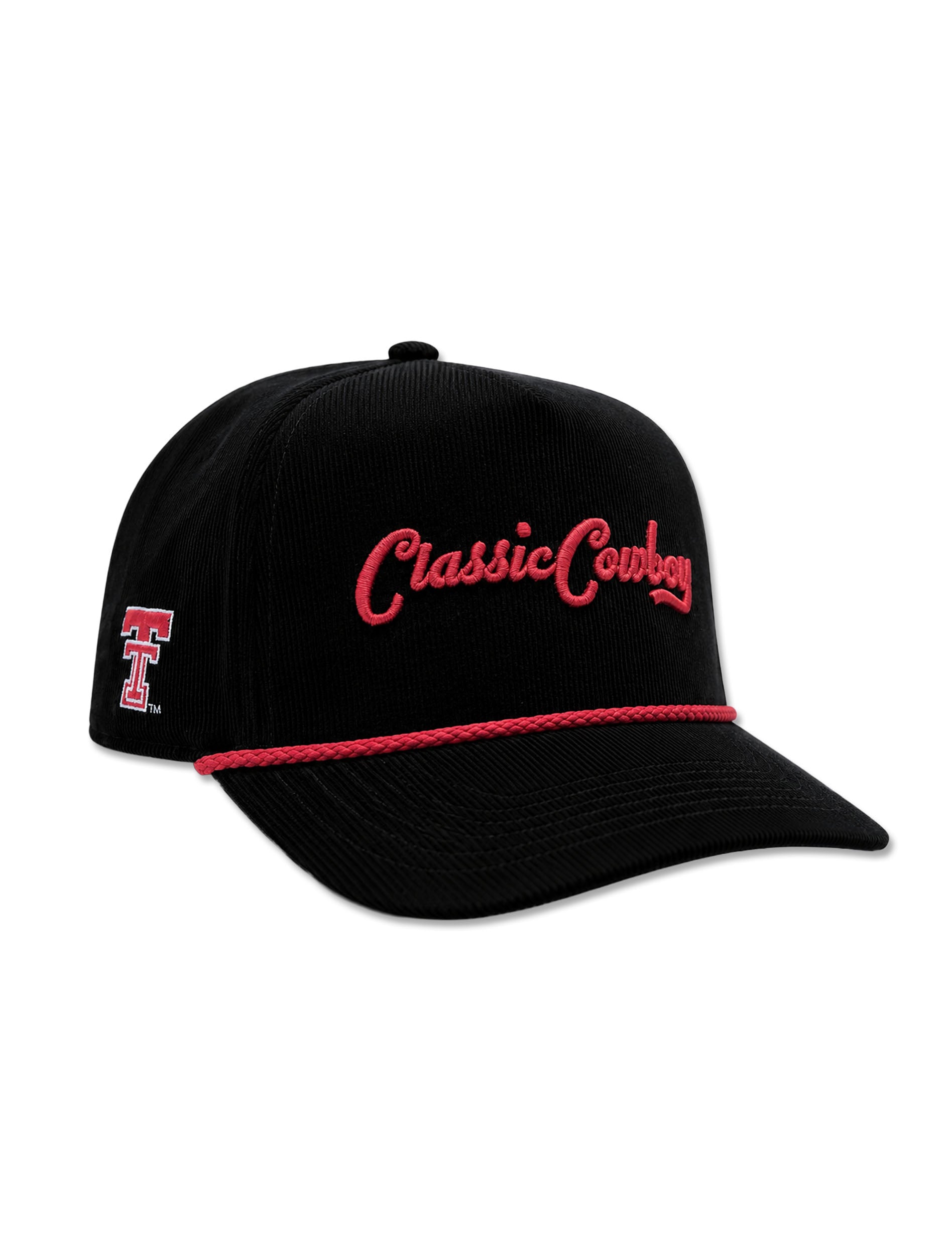Black corduroy Texas Tech cap at an angle with Classic Cowboy in red script and a red rope across the front