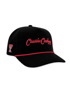 Black corduroy Texas Tech cap at an angle with Classic Cowboy in red script and a red rope across the front