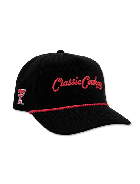 Black corduroy Texas Tech cap at an angle with Classic Cowboy in red script and a red rope across the front