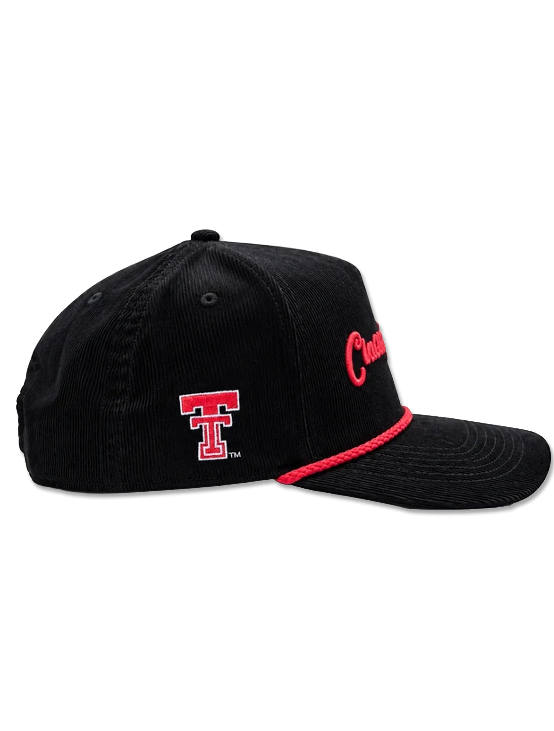 Side of the black corduroy cap showing the Texas Tech Double T embroidered in red and white