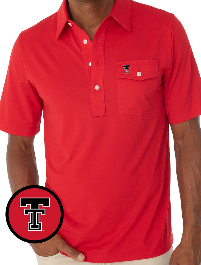 Model wearing the red Criquet Texas Tech players polo with a three button placket and a black Double T on the button flap chest pocket
