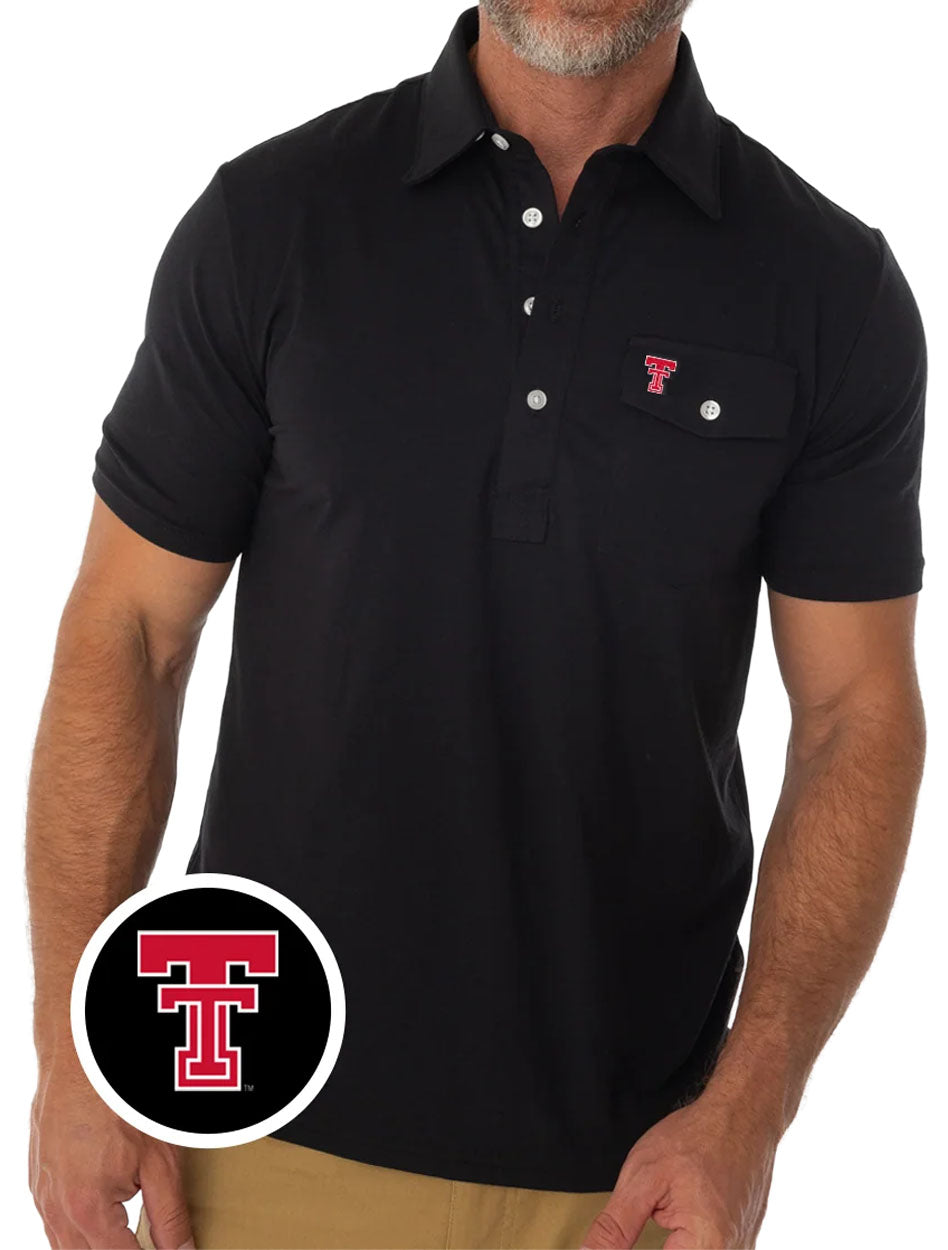 Model wearing the black Criquet Texas Tech players polo with a three button placket and a red Double T on the button flap chest pocket