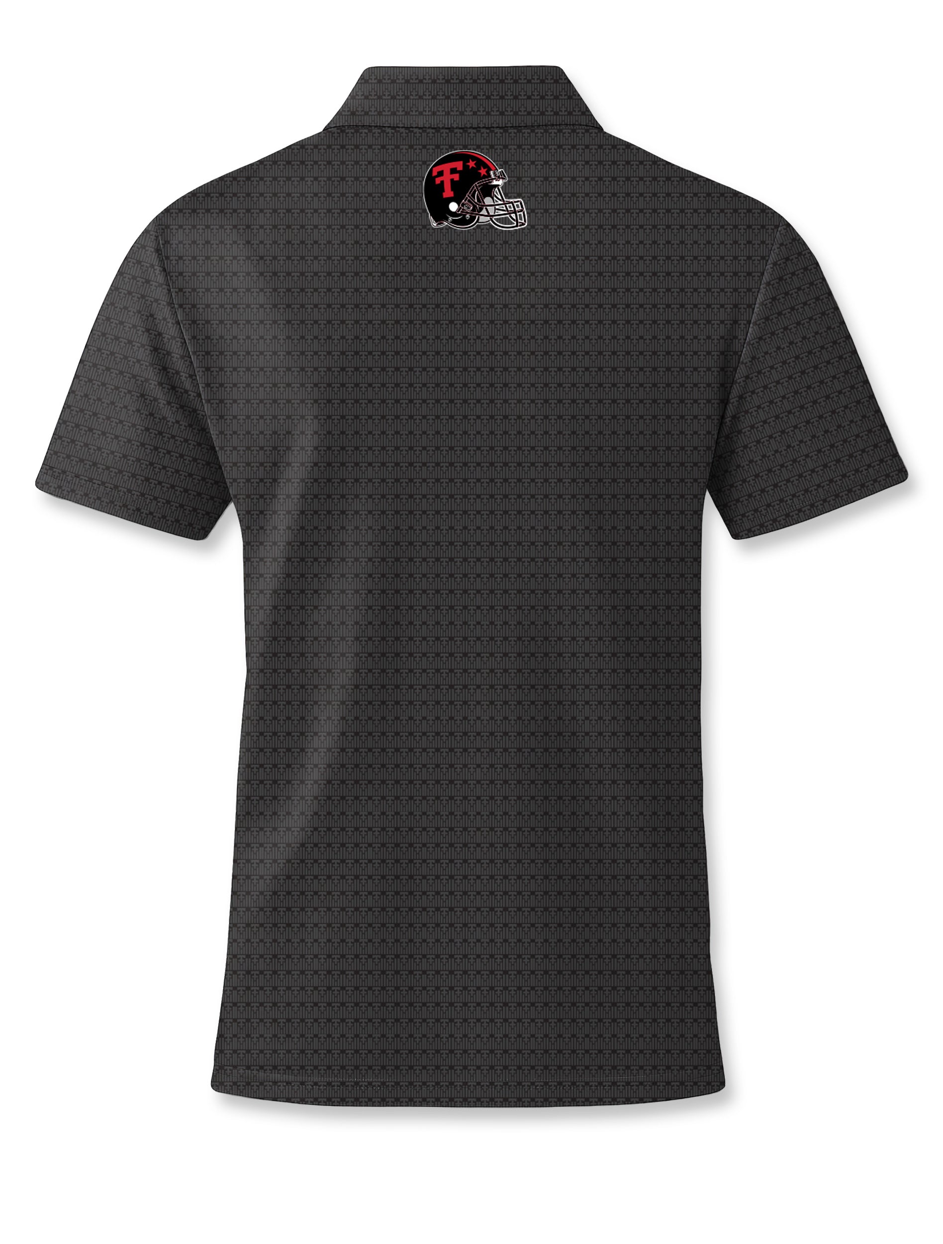 Back of the black Dark Horse Texas Tech polo with a football helmet below the collar
