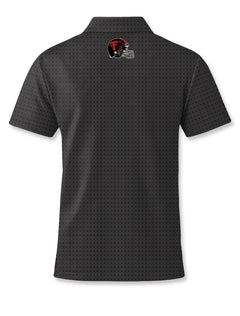 Back of the black Dark Horse Texas Tech polo with a football helmet below the collar