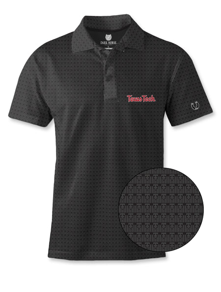 Black Dark Horse Texas Tech 100 Year Helmet polo with a close-up of the tonal Double T pattern