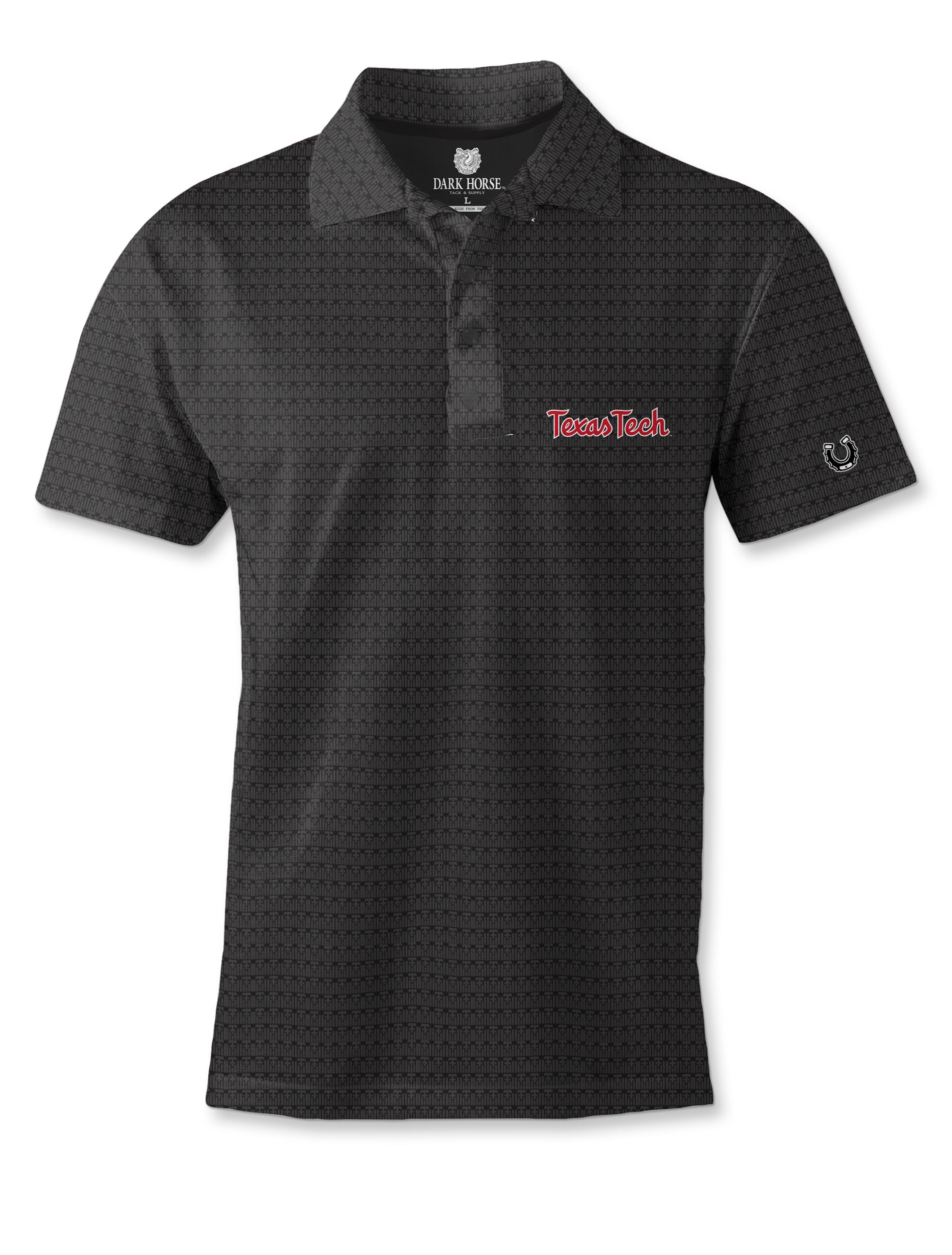 Black Dark Horse Texas Tech 100 Year Helmet polo with red Texas Tech script on the left chest and a horseshoe on the left sleeve