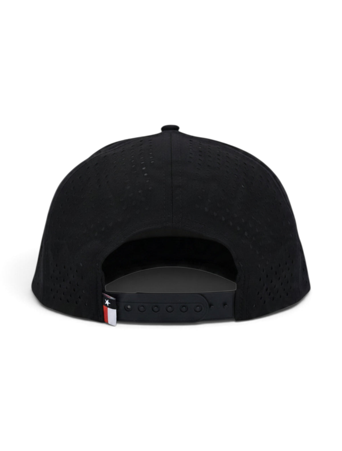 Back view of the Texas Tech 806 black rope cap showing the perforated panels, adjustable snapback strap and Texas flag tab