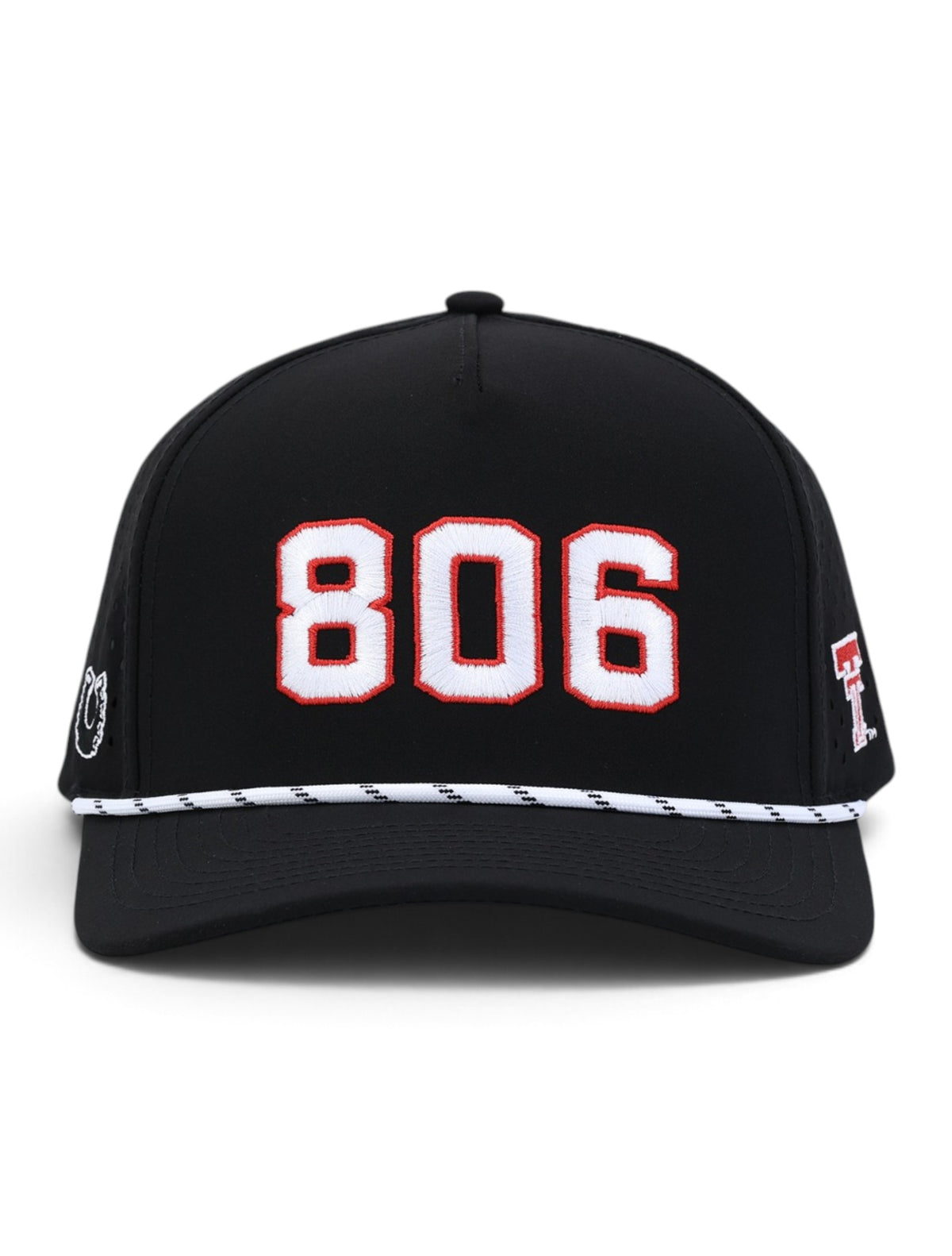 Front view of the Texas Tech 806 black rope cap showing the white and red embroidery and the white and black rope above the brim