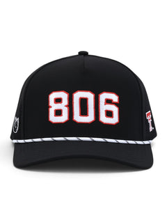 Front view of the Texas Tech 806 black rope cap showing the white and red embroidery and the white and black rope above the brim
