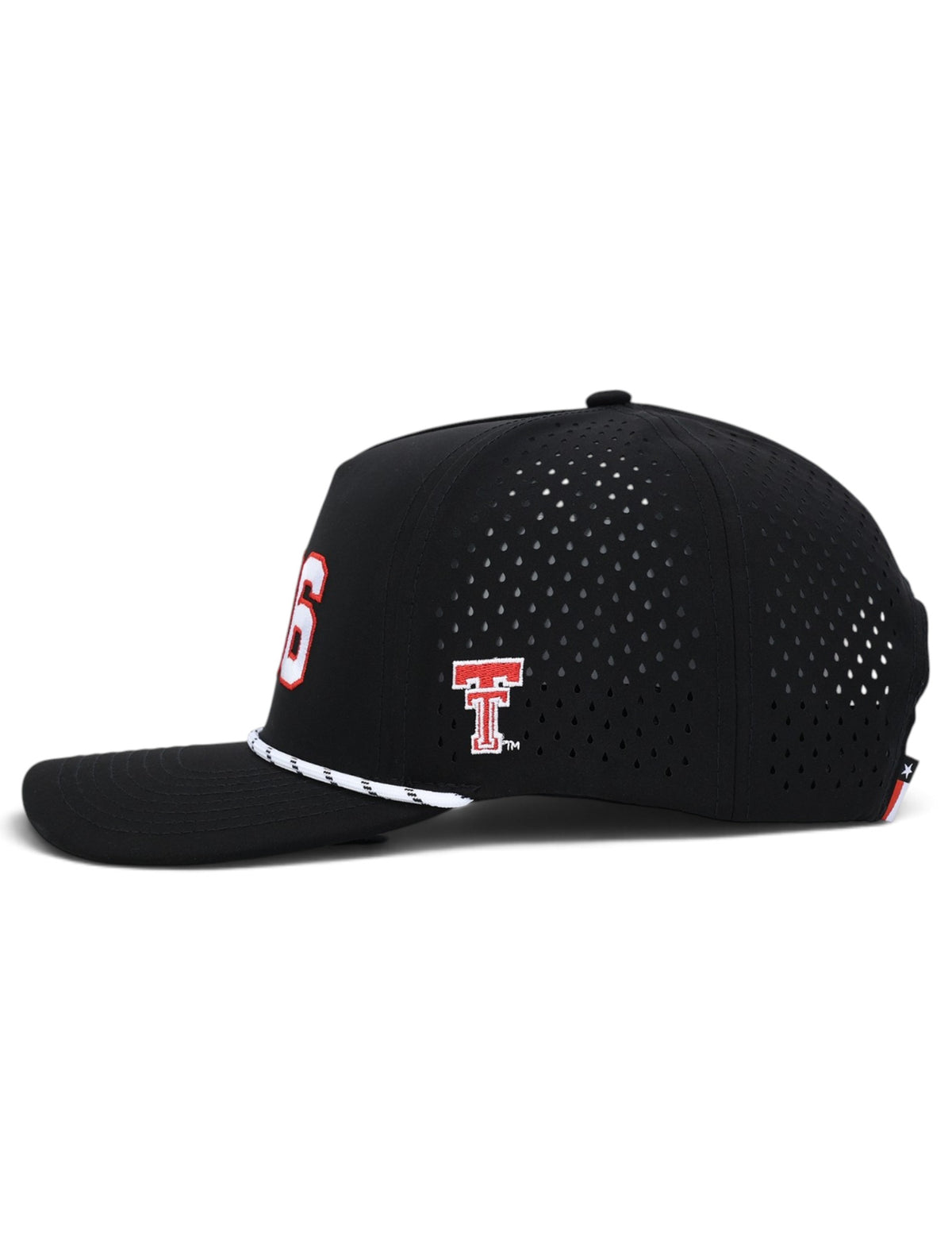 Side view of the Texas Tech 806 black rope cap showing the embroidered Double T and the laser cut perforated panels
