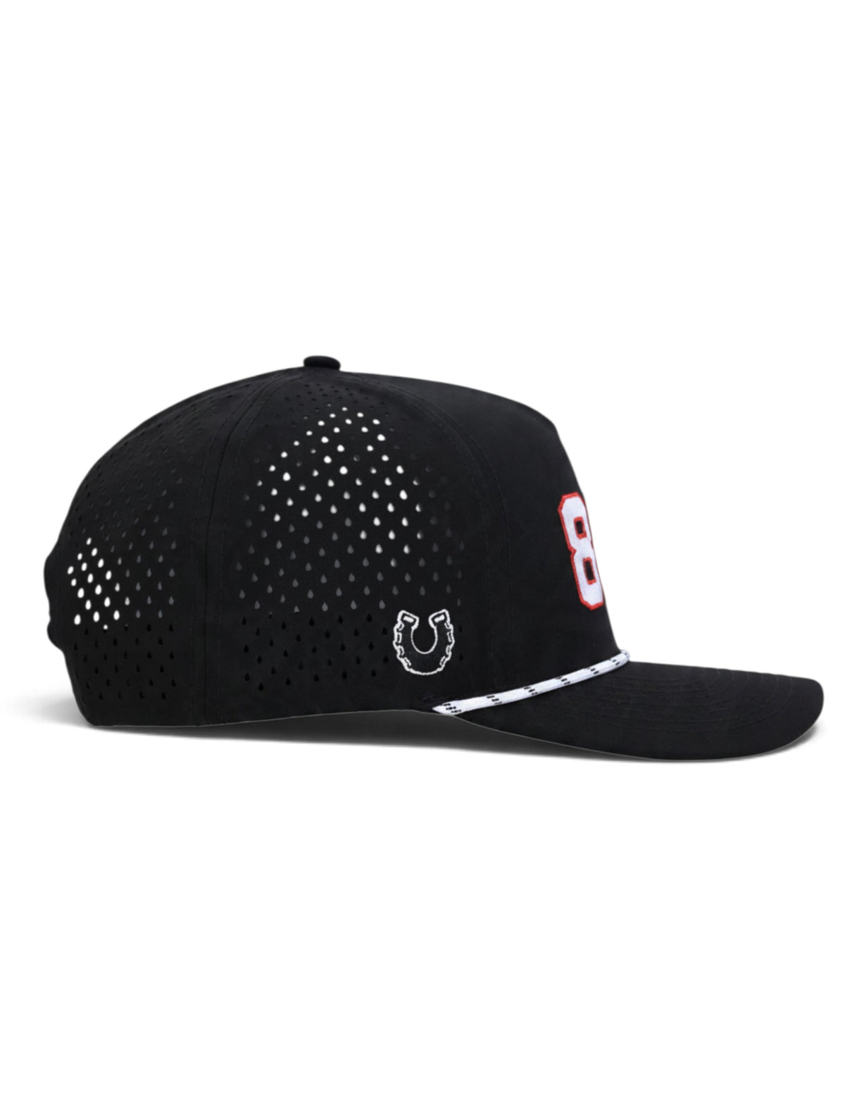 Side view of the Texas Tech 806 black rope cap showing the Dark Horse horseshoe and the laser cut perforated panels