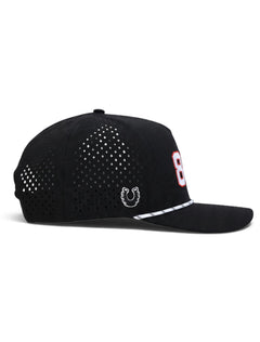 Side view of the Texas Tech 806 black rope cap showing the Dark Horse horseshoe and the laser cut perforated panels