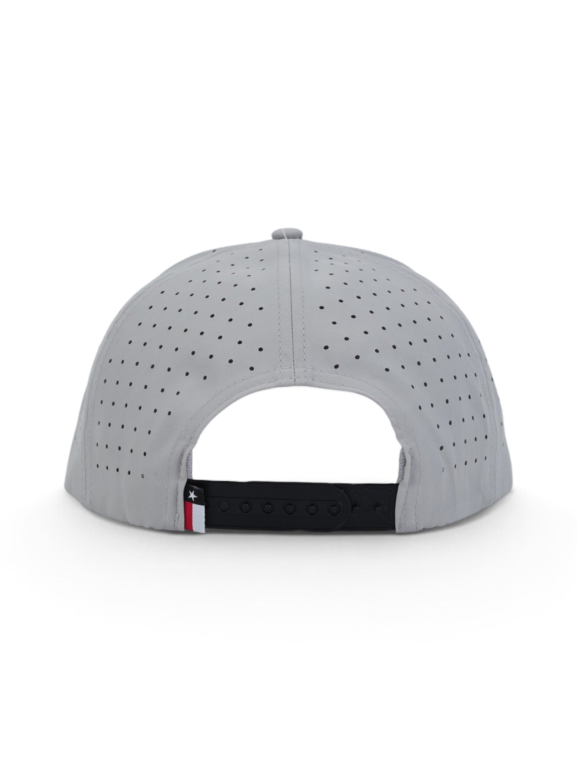 Back of the grey Texas Tech cap showing the laser cut perforations, the snapback strap and the Texas flag tab