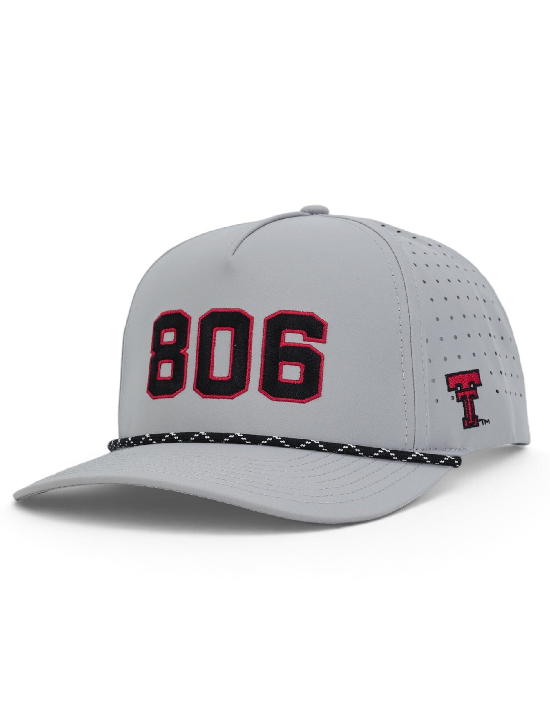 Grey Texas Tech rope cap at an angle, with 806 embroidered across the front in black with a red outline