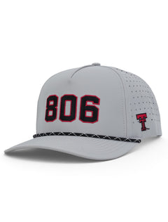 Grey Texas Tech rope cap at an angle, with 806 embroidered across the front in black with a red outline