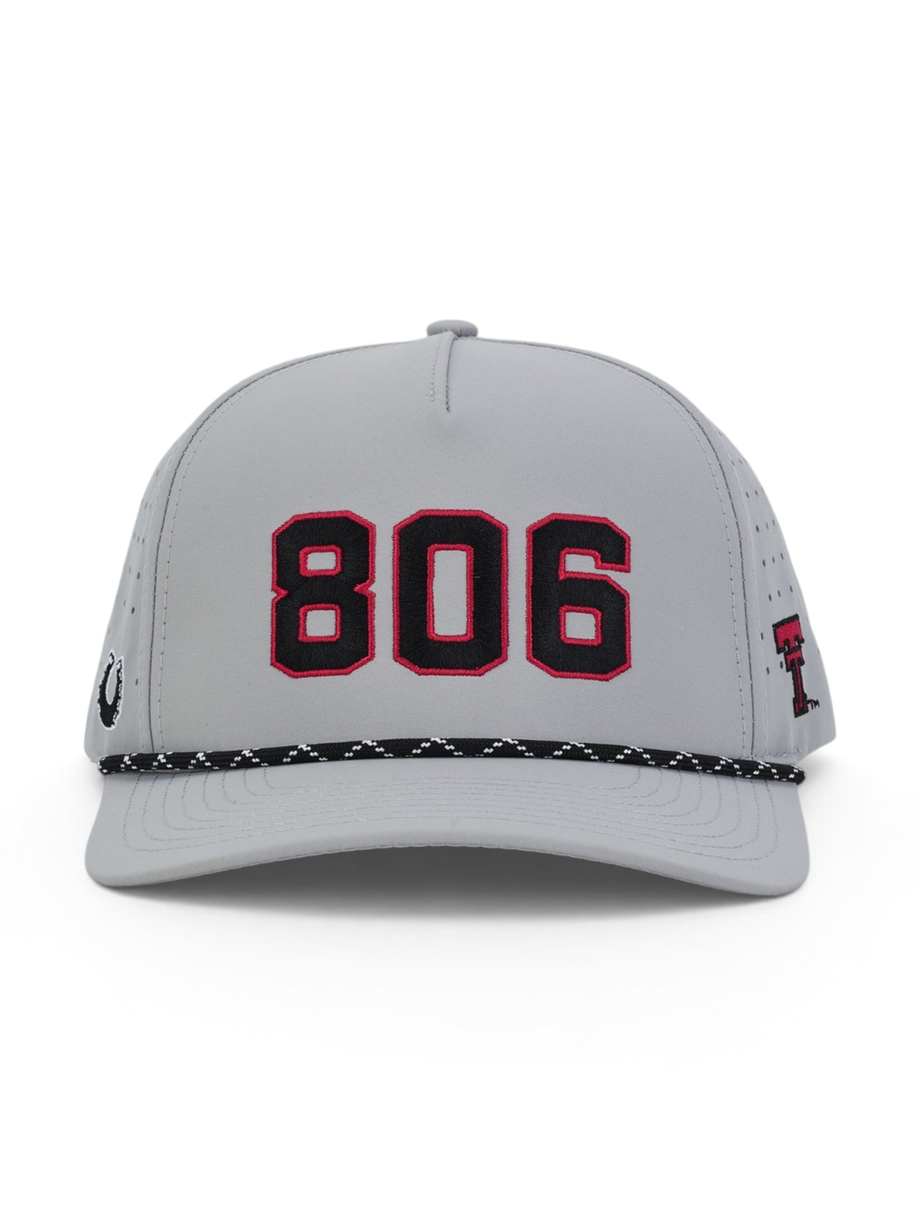 Front of the grey Texas Tech cap showing 806 in black with a red outline above a black and white rope