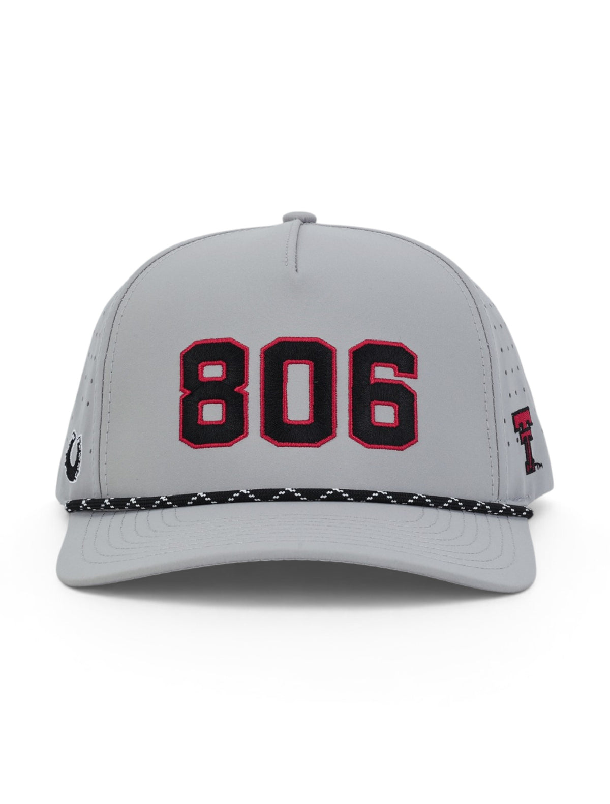 Front of the grey Texas Tech cap showing 806 in black with a red outline above a black and white rope