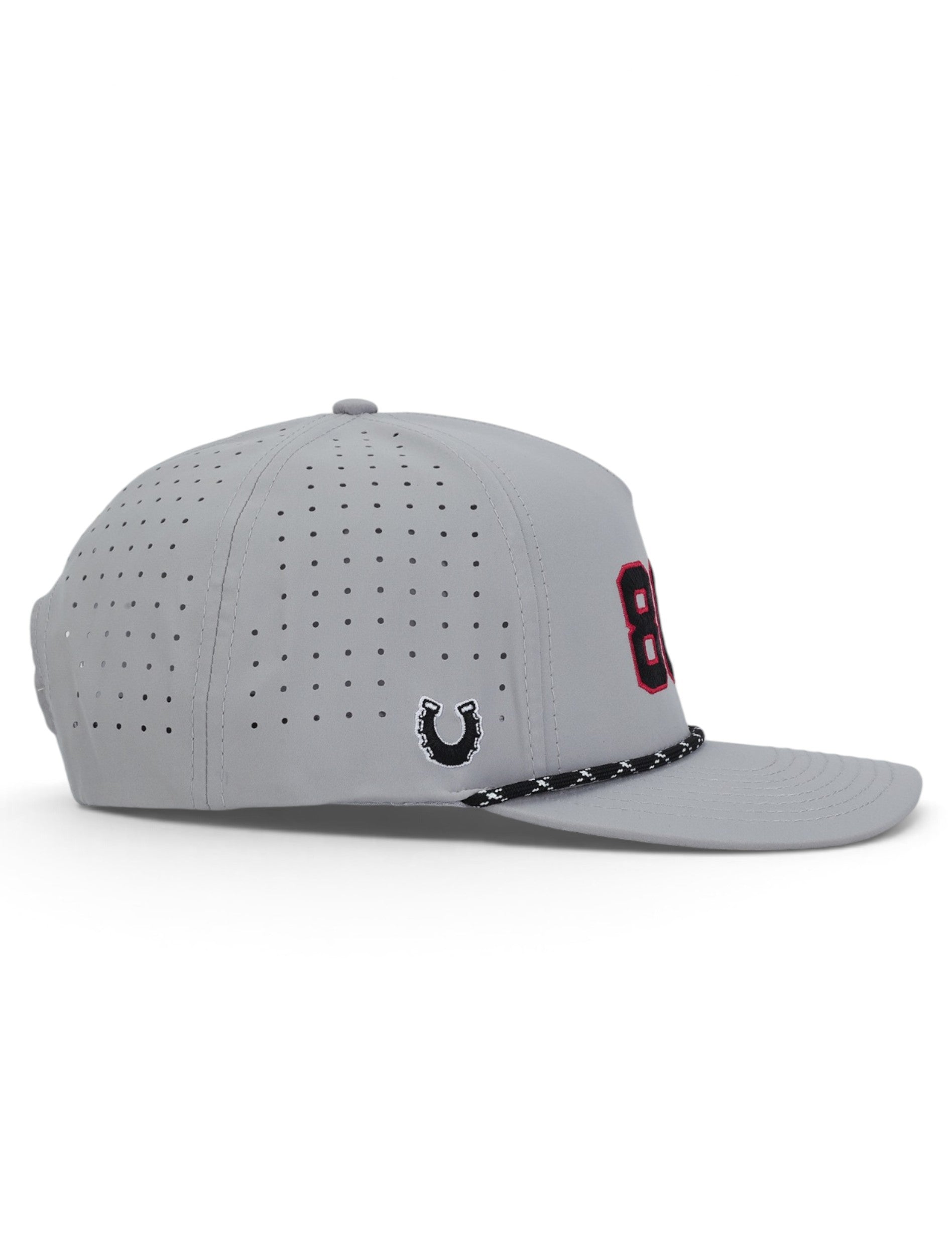 Opposite side of the grey Texas Tech cap showing the Dark Horse horseshoe on the panel