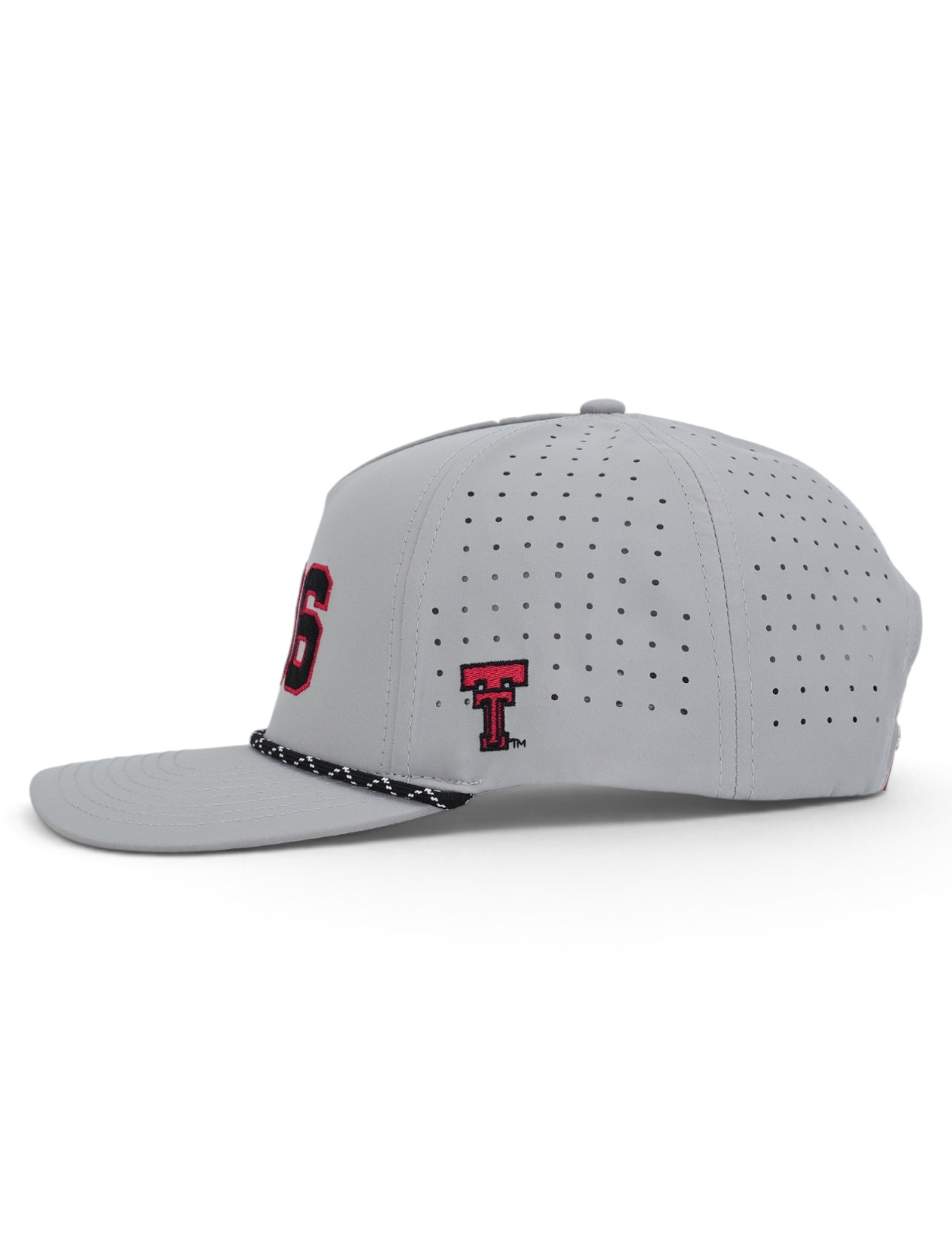 Side of the grey Texas Tech cap showing the embroidered Double T on the panel