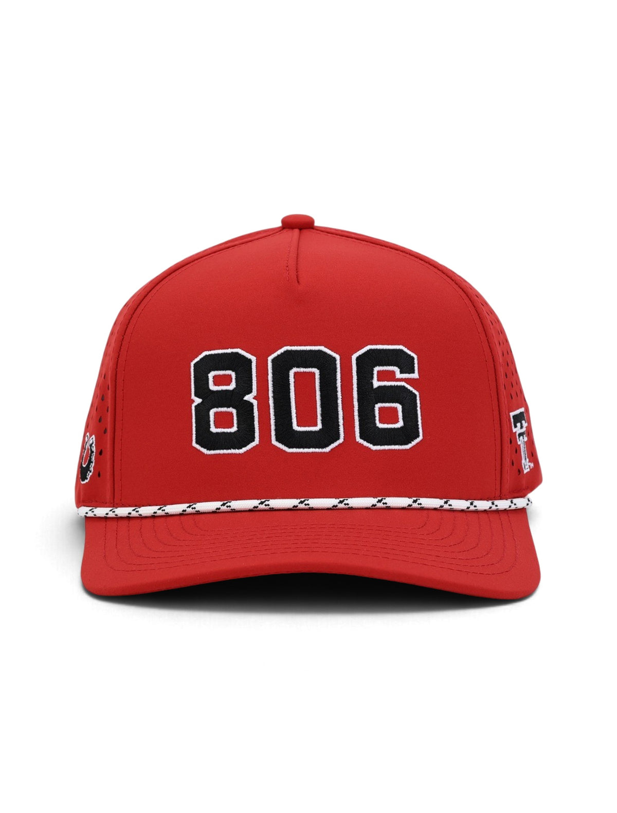 Front view of the Texas Tech 806 rope cap showing the black and white embroidery and the white and black rope above the brim