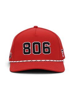 Front view of the Texas Tech 806 rope cap showing the black and white embroidery and the white and black rope above the brim