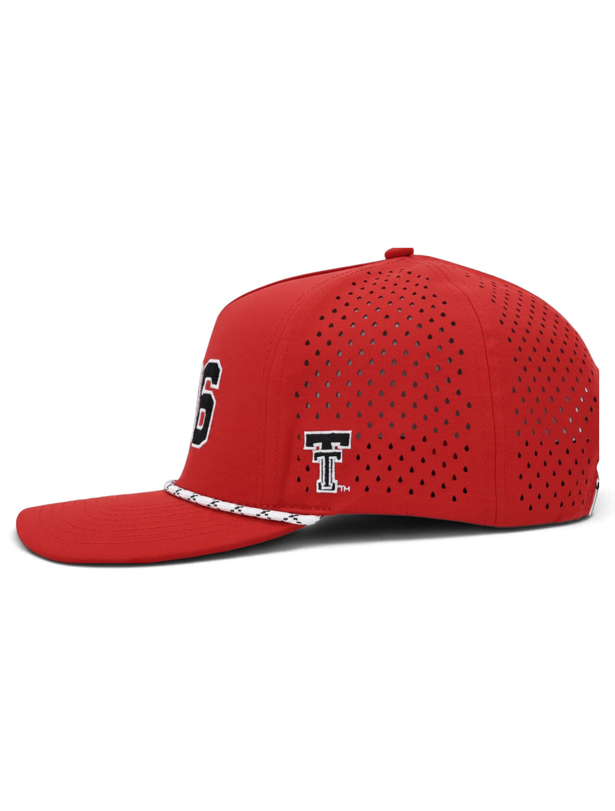 Side view of the Texas Tech 806 rope cap showing the embroidered Double T and the laser cut perforated panels