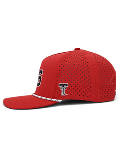 Side view of the Texas Tech 806 rope cap showing the embroidered Double T and the laser cut perforated panels