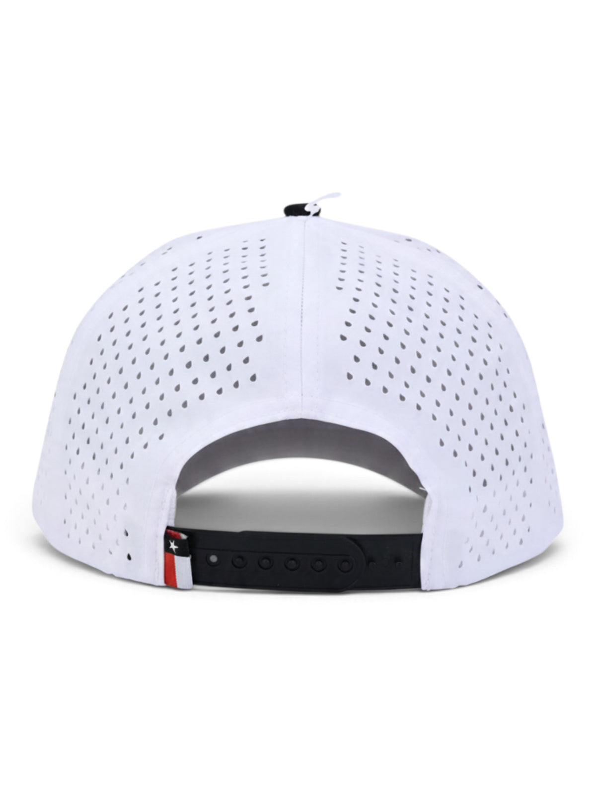Back view of the Texas Tech 806 white rope cap showing the perforated panels, adjustable snapback strap and Texas flag tab