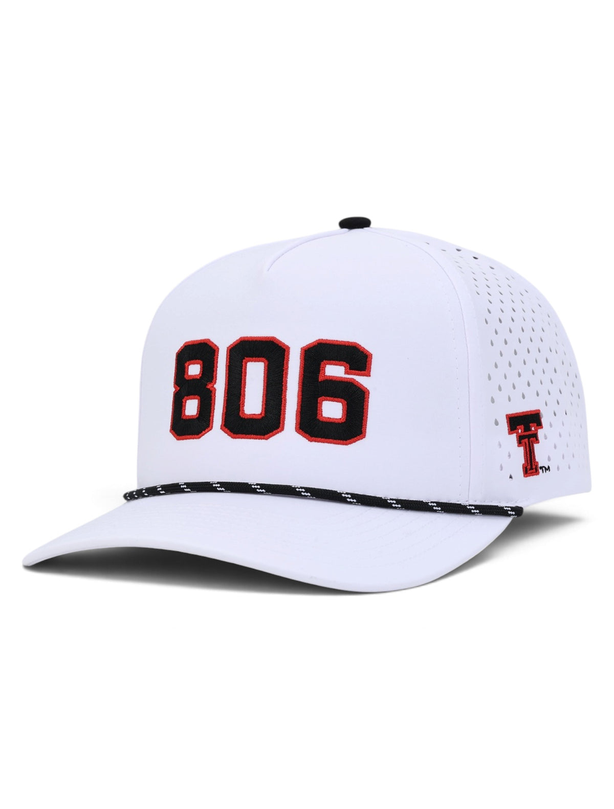Texas Tech 806 white rope cap with the 806 area code embroidered across the front