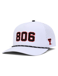 Texas Tech 806 white rope cap with the 806 area code embroidered across the front