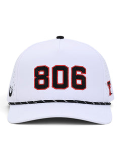 Front view of the Texas Tech 806 white rope cap showing the black and red embroidery and the black and white rope above the brim