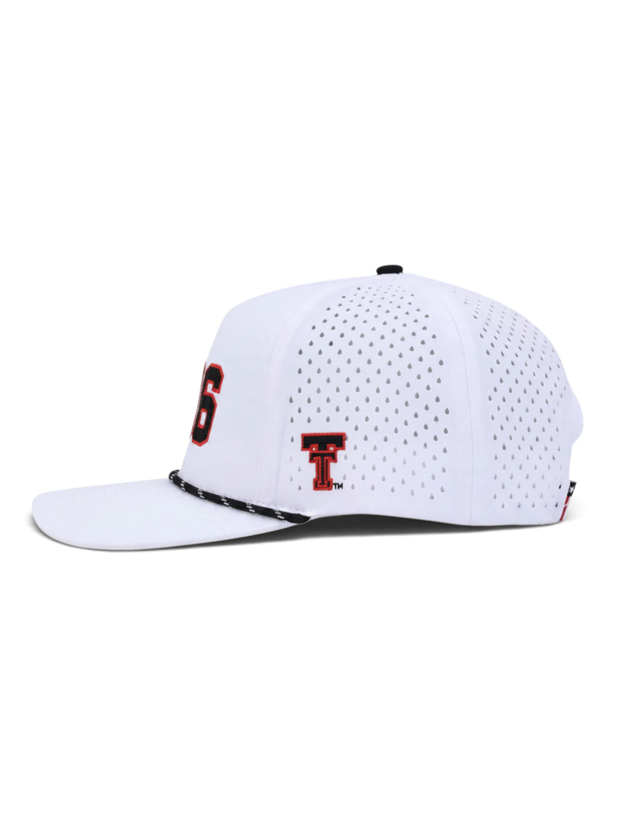 Side view of the Texas Tech 806 white rope cap showing the embroidered Double T and the laser cut perforated panels