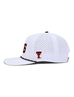 Side view of the Texas Tech 806 white rope cap showing the embroidered Double T and the laser cut perforated panels