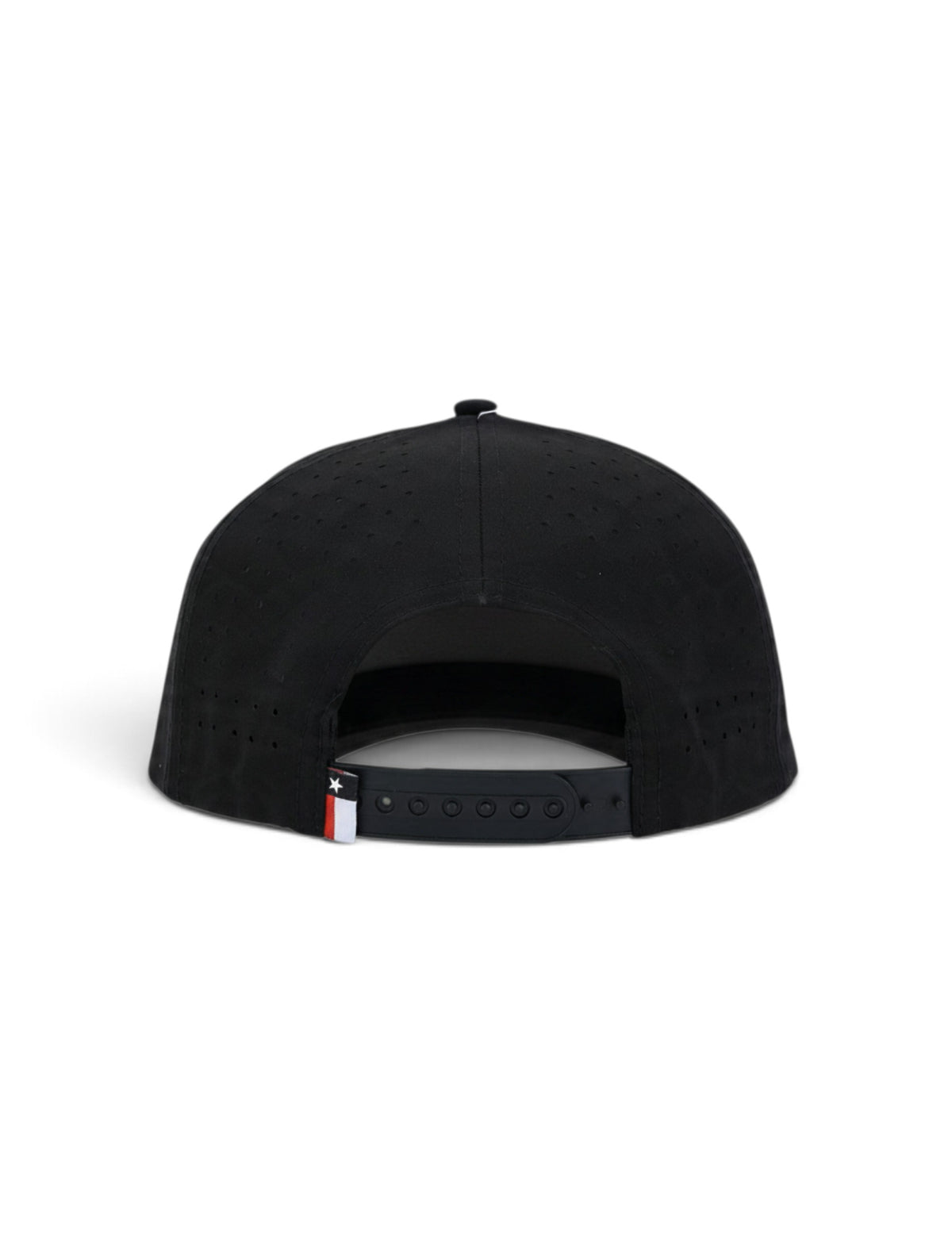 Back of the black youth Texas Tech cap showing the perforated panels, the snapback strap and the Texas flag tab
