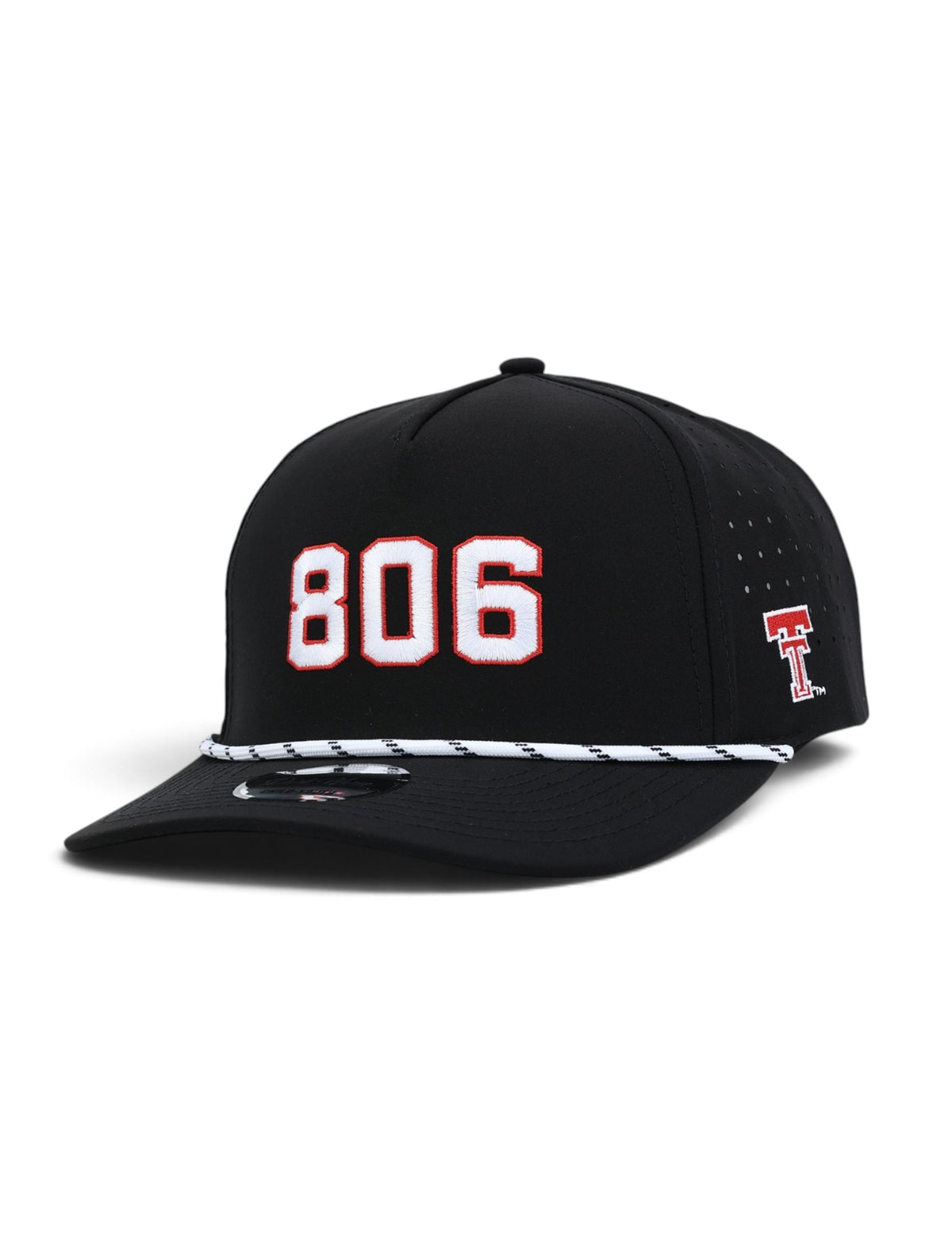 Black youth Texas Tech cap at an angle showing 806 in white with a red outline on the front