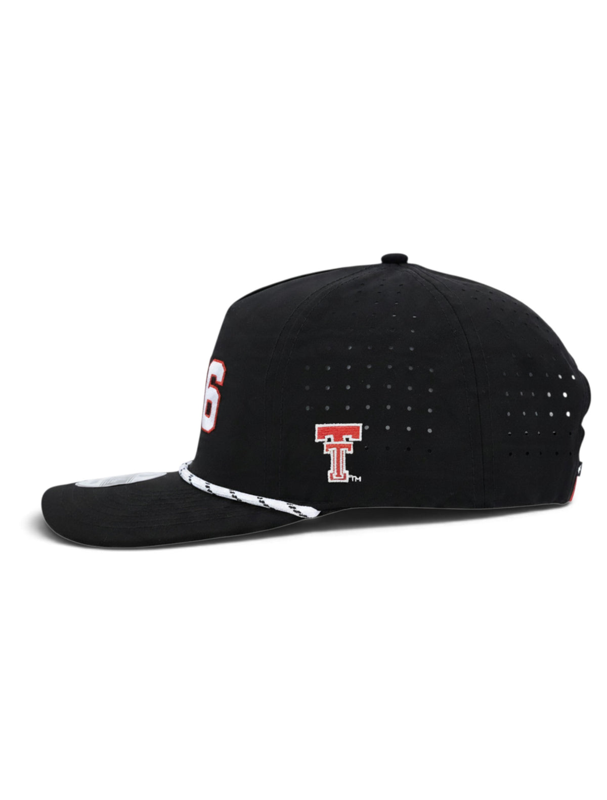 Left side of the black youth Texas Tech cap showing the Double T and the laser cut perforations