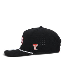 Left side of the black youth Texas Tech cap showing the Double T and the laser cut perforations